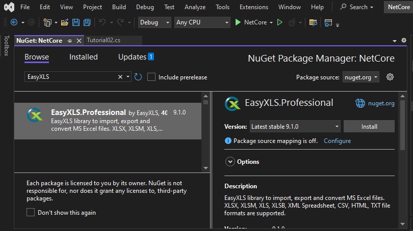 Install EasyXLS NuGet package