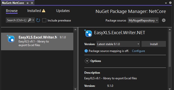 Install EasyXLS NuGet package from local repository