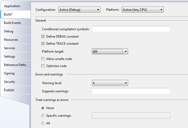 Visual Studio, C# project properties on Build tab