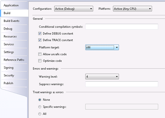 Visual Studio, C# project properties on Build tab